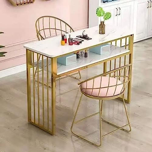 Estación de Mesa de manicura Pornail Art, Estructura metálica de Doble Capa con Escritorio de mármol para, Espacio de Trabajo Profesional de técnico de uñas (tamaño: 120 x 40 x 76cm)