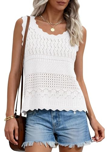 PRETTYGARDEN Womens Crochet Tank Tops Knit Sleeveless Vest,White,L