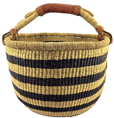 Stor Rund Bolga-Korg ca. Ø 40 x 40 cm – Handgjord i Ghana – Fairtrade – Kundkorg med Läderhandtag – Svart och Naturliga Ränder