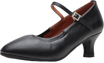 Sekiueo Damskor med ballroom-motiv spetsiga pumps blockklack fotledsrem för tango salsa latin,Black,35 EU