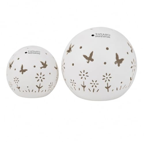 Tiziano® Deko Lichtkugeln LED Creme-weiß (8+10 im Bundle) - Hochwertige Keramik mit glänzendem Blumenmuster für stimmungsvolle Beleuchtung - Für Wohnzimmer & Fensterbank - Lichtkugel Leuchtkugeln