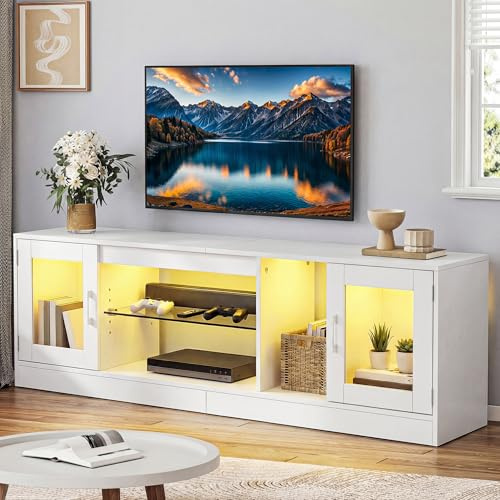 YITAHOME 160cm TV-Schrank mit 7 RGB LED, TV Lowboard mit 2 geschlossenen Schränken, 3 offenen Regalen & Verstellbarer Glasablage, Modernes Entertainment Center für Wohnzimmer, 160x32x51CM