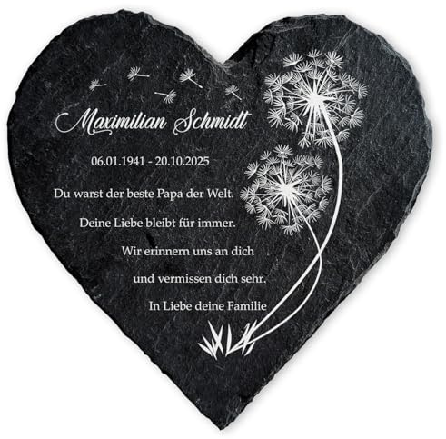 GRAVURZEILE Bedrucktes Schieferherz - Pusteblume - Personalisiert mit Name & Datum - Grabtafel aus Naturschiefer in Herzform - 15 x 15 cm - Grabschmuck für Urnengrab & Gedenkort