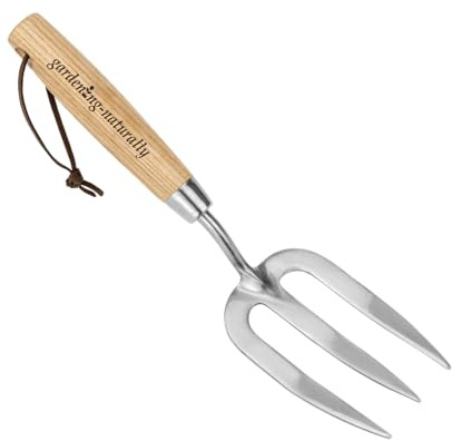 Stainless Steel Hand Fork Garden Tool with Ash Wood Handle for Weeding Planting Soil Loosening and Aerating 31 cm