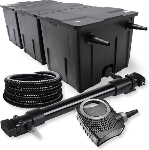 SunSun Kit complet: CBF-350C Filtre de bassin jusqu'à 90000 L Biologique, NEO10000 SuperECO pompe de filtration 10000l/h 80W, CUV-672 lampe uv UVC Clarificateur avec 72W, 25m Tuyau 25 mm