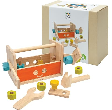 PlanToys Werkzeugkoffer aus Holz mit Schraubenschlüssel, Muttern und Schrauben, Holzbrettern und Formen, nachhaltig aus Gummibaumholz und ungiftigen Farben und Farbstoffen