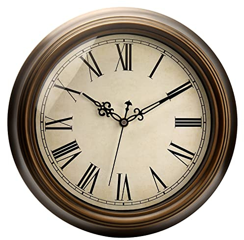 Plumeet Wanduhr aus Metall, 33cm Ruhige Retro Klassisch Wanduhr ohne Tickgeräusche für Wohnzimmer, Schlafzimmer, Batteriebetrieben (Römischen Ziffern)
