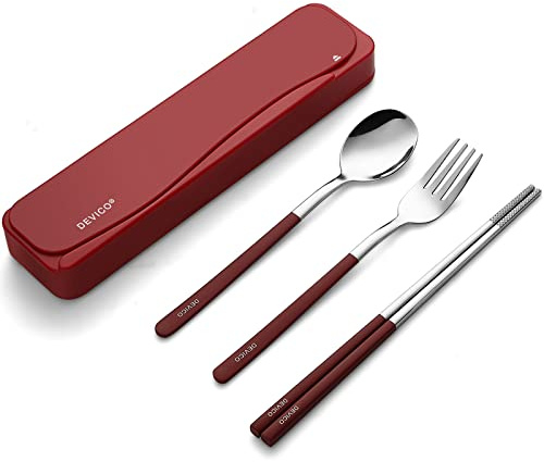 DEVICO Travel Cutlery Set, Camping Cutlery Set for 1, Portable 18/8 Stainless Steel Camping Utensils Include Fork Spoon Chopsticks (Red)