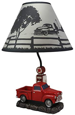 Ebros Vintage Classic Old Fashioned Big Red Pickup Truck by Rural Gas Pump Desktop Table Lamp 18.75 Tall Nostalgic Country Farm Rustic Home Decor Shelf Mantlepiece Lighting Accent
