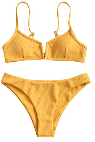 ZAFUL Damen Bikini Set, Zweiteilige Gerippter Bikini-Oberteil mit V-Verkabelung High Cut Bademode Sexy Swimsuit Sommer (Gelb, M)