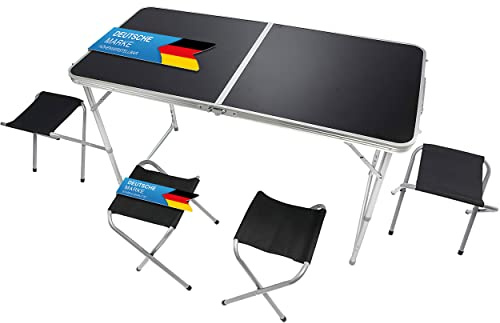 Fällbart multifunktionellt bord, campingbord, vikbart marknadsbord, höjdjusterbart tapetbord, sidobord för camping (campingset med 4 stolar, svart)