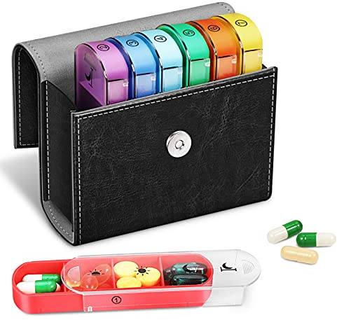 FINPAC Tablettenbox 7 Tage 4 Fächer - Pillendose 4 mal am Tag mit Kunstleder Tasche und Namenskarte Medikamentenbox für Pillen Vitamin Fischöl für Morgens Mittags Abends Nachts, Schwarz