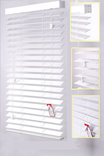 Faux Wood Venetian Blinds 50MM Slats TRIMMABLE Easy Fit Office Home (60cm Width x 150cm Drop, String, White)