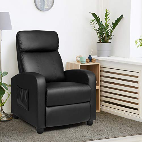 POWERSTONE Recliner Chair PU Leather Recliner with Massage Function Small Reclining Chair Single Sofa Chair Home Theater with Thicker Cushion Wing Back Reading Chair for Living Room Office (Black)