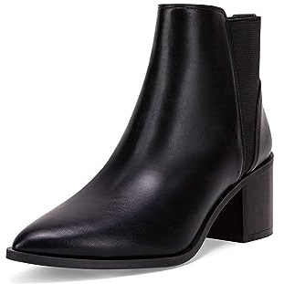 Coutgo Womens Pointed Toe Ankle Boots Elastic Chunky Block Stacked Mid Heel Slip On Chelsea Booties