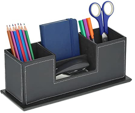 Relaxdays Schreibtisch Organizer, Stiftehalter mit 4 Fächern, Kunstleder, HBT: 11 x 29,5 x 11 cm, Büroorganizer, schwarz