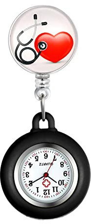 Silverora Krankenschwesteruhr Herz Schwesteruhren Fob Uhr Silikon Krankenschwester Uhr einziehbar mit Stethoskop Clip-on Taschenuhr für Arzt Krankenschwestern Silikonhülle für Frauen und Männer