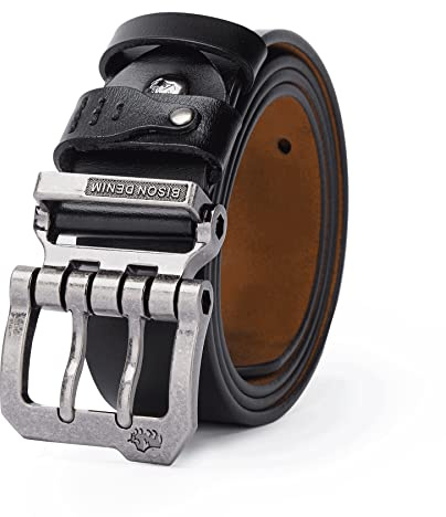 BISON DENIM Gürtel Herren Echt Leder Doppeldorn Ledergürtel Herren 38mm | Retro Cowboy Herrengürtel für Jeans Casual Arbeit, Jeansgürtel mit Alloy Schnalle, Geschenkbox