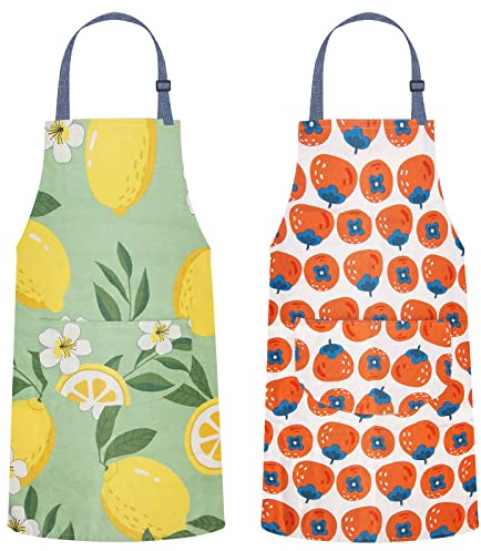 MageJoy Küchenschürze mit Blumenmuster, 2er Set Kochschürze Damen verstellbar mit Tasche, für Küche Backen Garten, Baumwolle