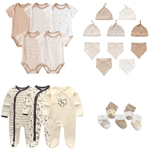 MAMIMAKA Nyfödd babykläder set 23-delar, 5-pack bodysuit+3PJS och tillbehör för 0-6 månader, Beige-1, 3-6 månader