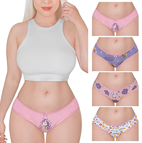 LittleForBig Dam Kvinnor Mjuk Bomull Underkläder Bekväma Hipstertrosor 4-Pack Underbyxor - Enhörning Mönster Multicolor XL