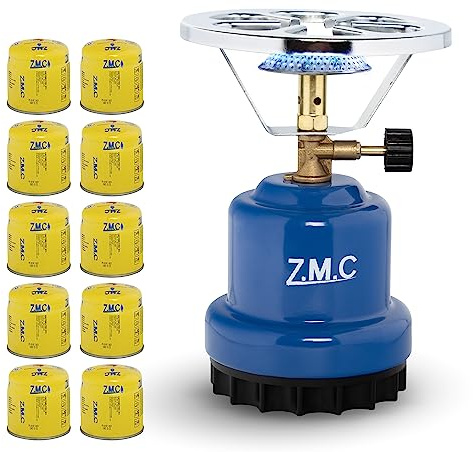 Z.M.C Fornello da campeggio 2 in 1 + 10 cartucce a gas da 190 g, fornello a gas portatile per campeggio 1110 W, accenditore a carbone per esterni, fornello a cartuccia