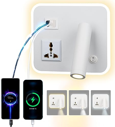 uksunvi LED lampe de lecture lampe murale avec prise universelle,USB type - C double interrupteur de port de charge réglable 12W lampe murale pivotante Gradation tricolore (Carré Blanc)