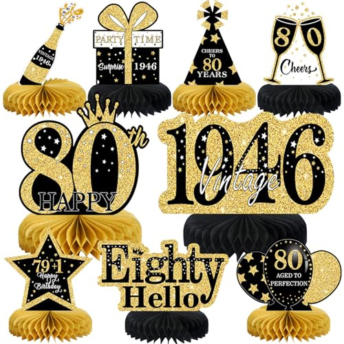 Voxisroma 80. Geburtstag Deko für Mann und Frau - 9-teilige Schwarze und Goldene Bienenwabe Mittelstück Tischdeko für den 80. Geburtstag