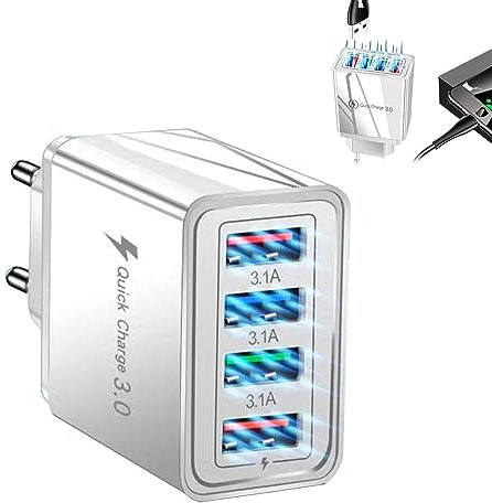 Chargeur Mural USB Multiple 4 Ports Adaptateur, Compatible avec la Plupart des Smartphones et Autres Produits Numériques sur le Marché, Blanc