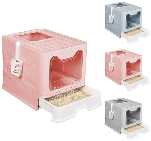 Caja de arena para gatos completamente cerrada con tapa, tipo de cajón, desodorizante, grande, plegable, con pala de plástico para mascotas, adecuada (rosa, 51 x 41 x 38 cm)