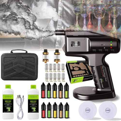 OXFUZZ Cocktail -Bubble Maker -Kit, Handheld -Cocktail -Rauchblasen -Bubble -Waffen -Kit Mit 2 Flaschen FlüSsigkeit (600 Ml)/10 äTherische öLe/2 Traumfarbe Lichter/2 Kraftstofftanks/10 Filter,Black