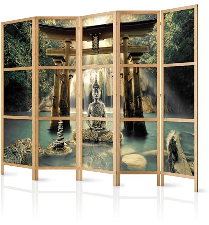 murando - Paravent Raumteiler Holz Wasserfall, 225x172 cm, 5-teilig, modern | Mobiler Sichtschutz, sofort einsatzbereit, Holzrahmen, ideal fürs Wohnzimmer oder Büro, geruchsneutral, lichtbeständig