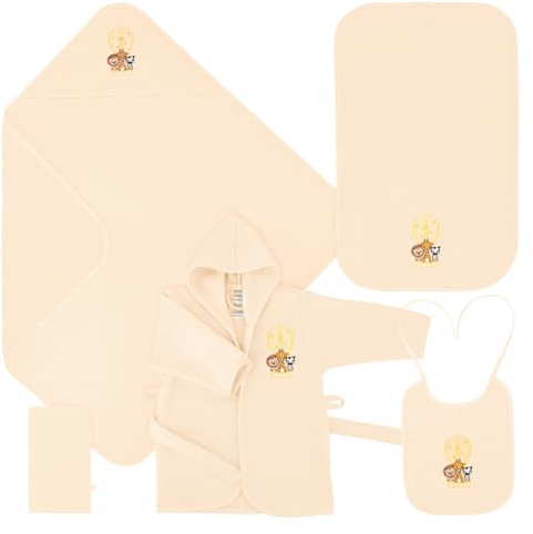 Celodoro Baby Geschenk Set 5-teilig - Geschenkbox mit Bademantel, Kapuzenbadetuch, Handtuch, Waschhandschuh, Lätzchen - für Kleinkinder 0-12 Monate