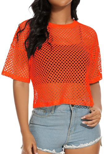 ZNVGIRL Womens Fishnet Sheer Top Short Sleeve Mesh Net Shirt See Through Plus Size Blouse(Bright Orange,S)