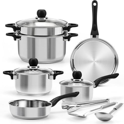 12-teiliges Edelstahl Topf und Pfannen Set, Induktions Topfset mit Kühlbleibender Griffen, Kochtopf Set mit Dampfer & Utensilienset, Ungiftig, Spülmaschinenfest & Kompatibel mit allen Herden