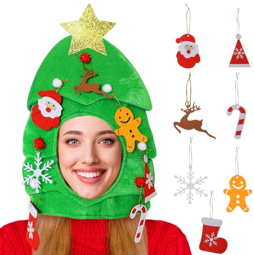 Weihnachtsbaum Hut mit 7 Stück Filz Weihnachtsschmuck, Weihnachtsmützen Lustig Mützen Tannenbaum Hut, Weihnachts Accessoires Lustige Weihnachtshut Erwachsene Kinder für Weihnachtsparty Verkleidung