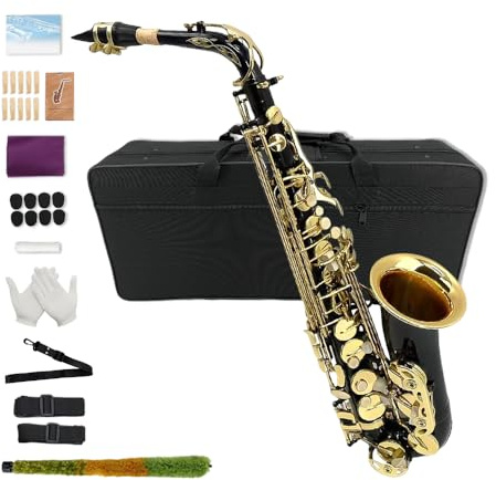 Yinfente Eb flaches Saxophon mit 10 Blättern, 8 Pads, Hartschalenkoffer und mehr, für Studenten, Anfänger, Erwachsene, Altsaxophon, Saxophon-Set (Schwarz-Gold)