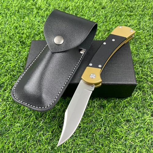Generisch Outdoor Klappmesser mit Ledertasche, Edelstahlklinge, Schwarzer G10-Griff, Taschenmesser für Alltag und Survival (B)