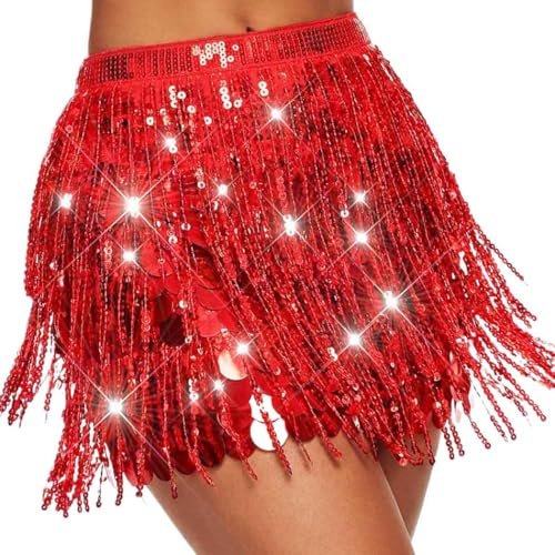 Reaky Jupe à Paillettes Rouges, Costume de sirène Scintillant, Jupes de Danse du Ventre pour Femmes (FR/ES, Alpha/Lettres, Taille Unique, Taille Normale, Taille Normale, Rouge)