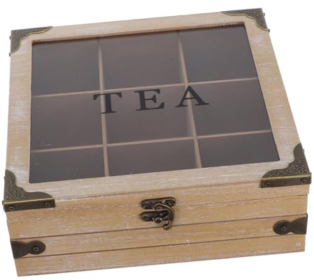 Warmhm Scatola per Bustine di Tè in Legno Organizer Multi-scomparto per Bustine di Tè e Altri Piccoli Oggetti Contenitore di Vetro e Legno per Conservazione