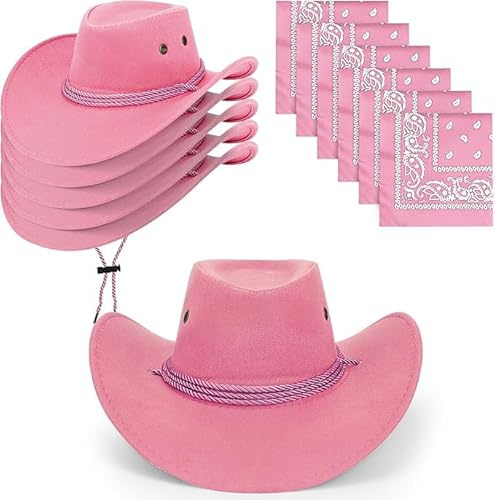 SWHCM 12 Stück Cowboyhut und Halstuch Set – Cowboy und Cowgirl Hüte im Großpack – Western Kostüm Zubehör für Karneval und Halloween (12, Rosa, Einheitsgröße)