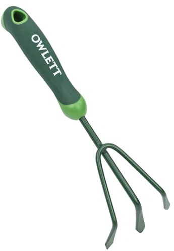 Owlett Garden Hand Rake, 3 Prong Hand Cultivator Garden Tool with Ergonomic Rubber Handle, Manual Small Hand Rake Soil Tiller for Digging, Aerating Soil, Weeding, Cultivating with Hanging Hole
