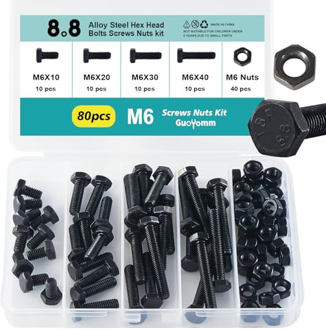GuoYomm Lot de 80 vis M6 à tête hexagonale - Boulons et écrous - Vis pour machine - Acier au carbone 8,8 degrés - Longueurs : 10 mm, 20 mm, 30 mm, 40 mm