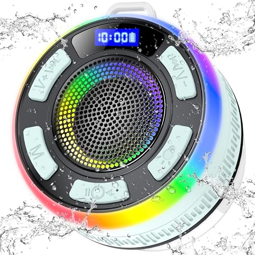 Bluetooth Shower Speaker with IPX7 Waterproof, Bluetooth Speaker with HD Stereo Sound, Built-in Mic Portable Wireless Speaker with Dynamic Lights 10H Playtime, for Outdoor Kitchen Gifts, light cyan