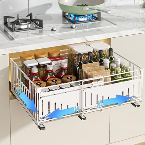 1 Stück Ausziehbare Teleskopschublade Küchen Organizer, 32,5-50 cm Breite | Ausziehbare Schublade Küche aus Metall für Küchenschrank Organizer, Spülschrank Organizer zum Kleben oder Schrauben, Weiß