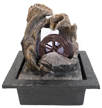 Lemodo LED Tischbrunnen Zimmerbrunnen – Indoor Wasserbrunnen mit drehendem Wasserrad, leiser Betrieb, Feng Shui Dekoration für Wohnzimmer, Büro, Meditation, Maße 21,5×18,8×24 cm Deko Brunnen