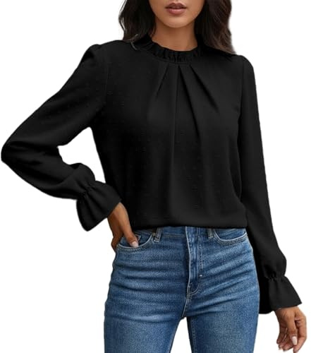 Generisch Camisa de manga larga para mujer con cuello bordado - Elegante blusa con mangas acampanadas | Blusa ligera de tela estructurada, XL
