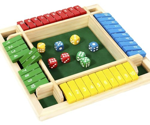 WZHHDM Shut the Box Game 4 Player, Wooden Table Game Family Travel Game, Colorful Wooden with 8 Dices Puzzle Dice Math Traditional Pub Board Dice Game for Family Educational