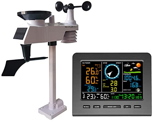 Wireless Weather Station with Outdoor Sensor, 8-in-1 Weather Station with Solar Cell, Measures Weather ecast, temperature, air pressure, humidity, wind meter, rain meter, moon phase, alarm clock