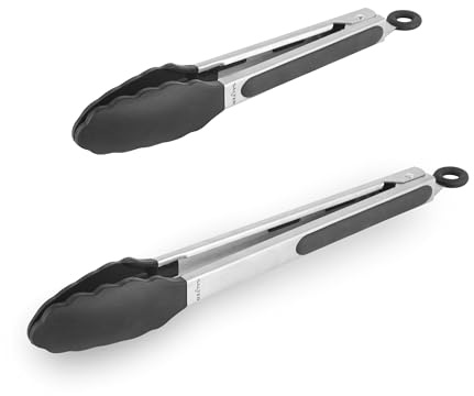 Salter Expert Kitchen Tong Set, 9 and 12 Inch, Locking | Stainless Steel Build, Silicone Tips Safe For Non Stick, Soft Grip Handle, Dishwasher Safe, 2 Piece Set, Air Fryer Use
